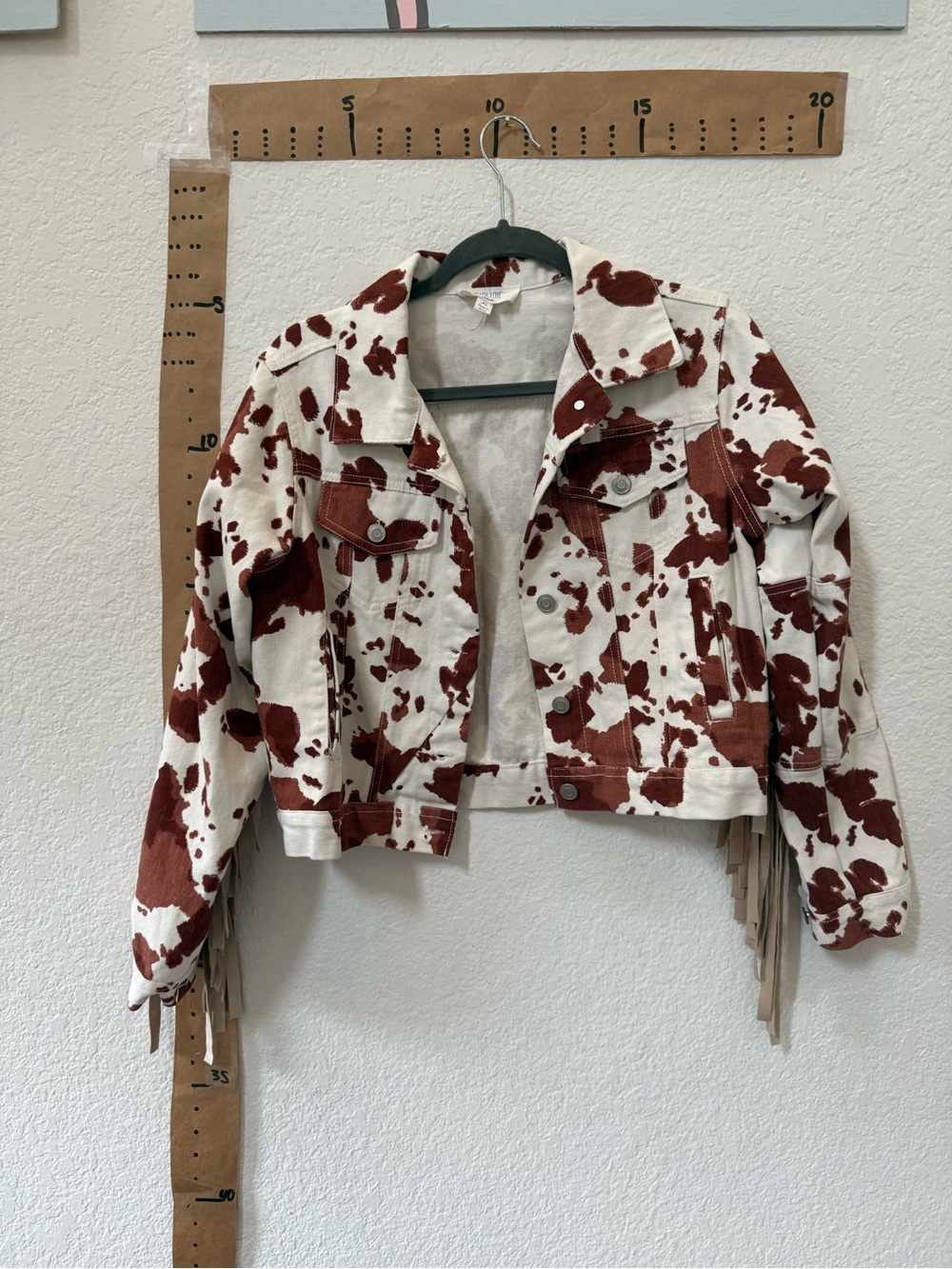 Fringed Cowprint Denim Jacket - White & Brown